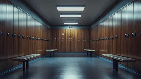 Empty Locker Room With Wooden Lockers And Benches Premium AI