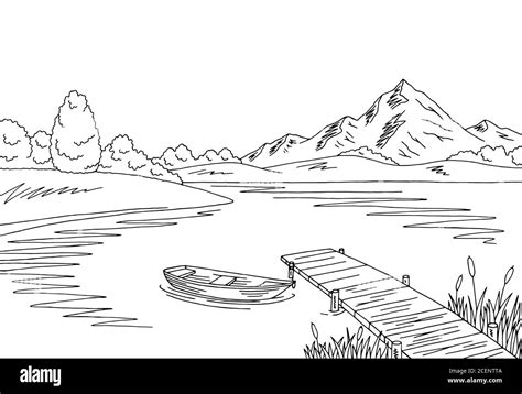 Lake Bridge Graphic Black White Landscape Sketch Illustration Vector ...