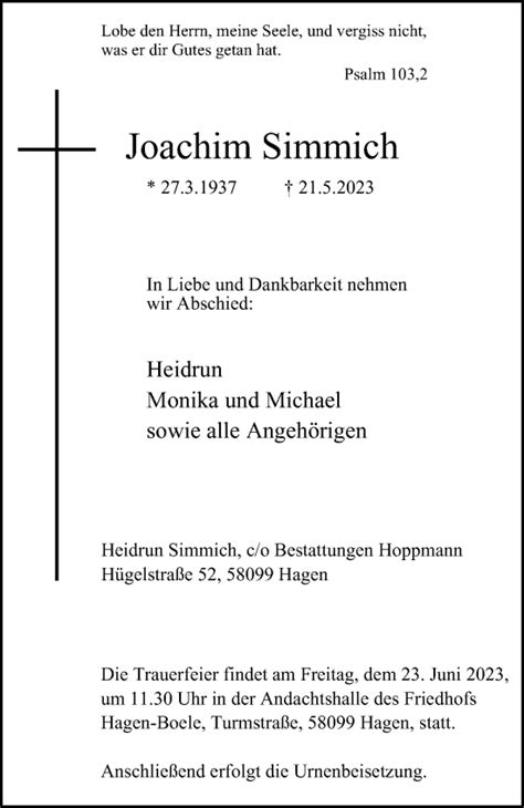 Traueranzeigen Von Joachim Simmich Trauer In Nrw De