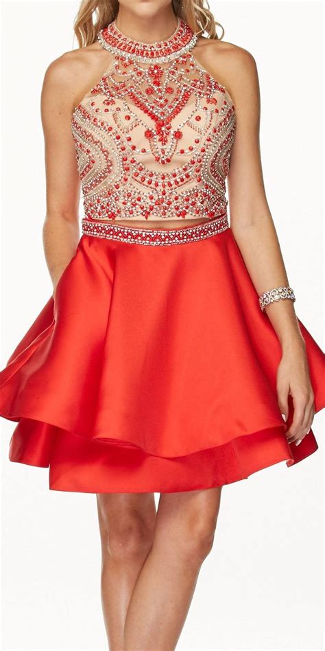 Two Piece Short Prom Dress Halter Embellished Bodice Red Missy