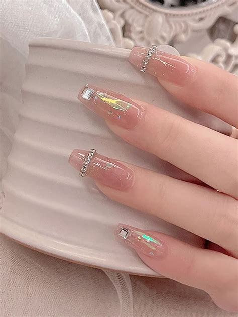 24pcs Long Coffin 3d Rhinestone Decor Fake Nail And 1pc Nail File And 1sheet Tape Nail Art Fake