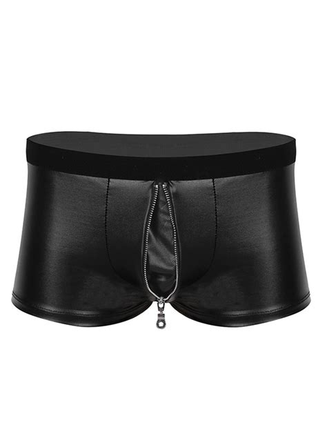 Iefiel Men Wet Look Boxers Briefs Faux Leather Zipper Bulge Pouch