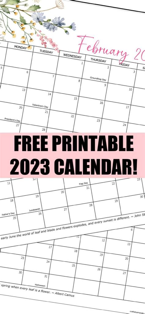 2023 Printable Calendar with Soft Floral Patterns