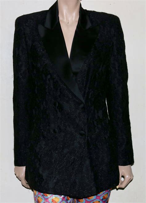 Bill Blass Vintage Black Lace Tuxedo Jacket 6 Gem