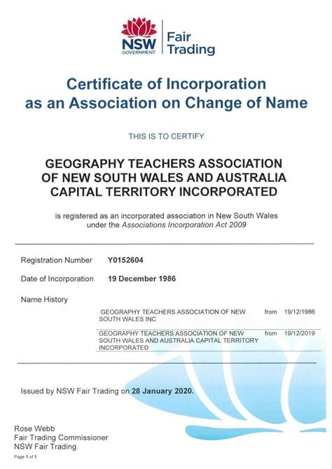 Geography Teachers Association Of New South Wales And Act Certificate Of Incorporation