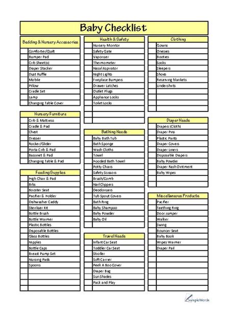 Baby Checklist Template Sample