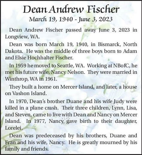 Dean Andrew Fischer Obituary Mercer Island Reporter