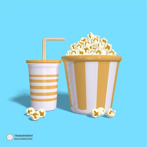 Cubo de palomitas de maíz y vaso de jugo icono aislado 3d render