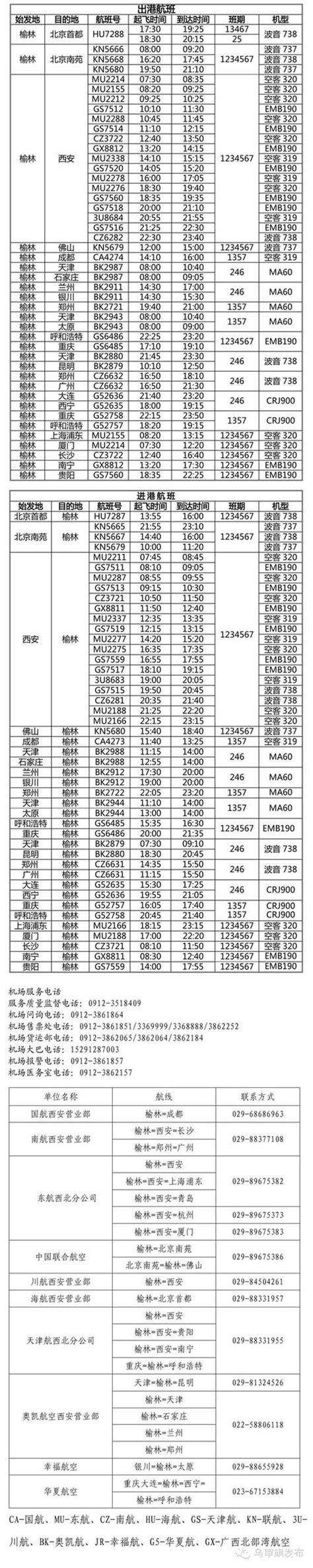 榆林機場2015年夏秋季航班時刻表 每日頭條