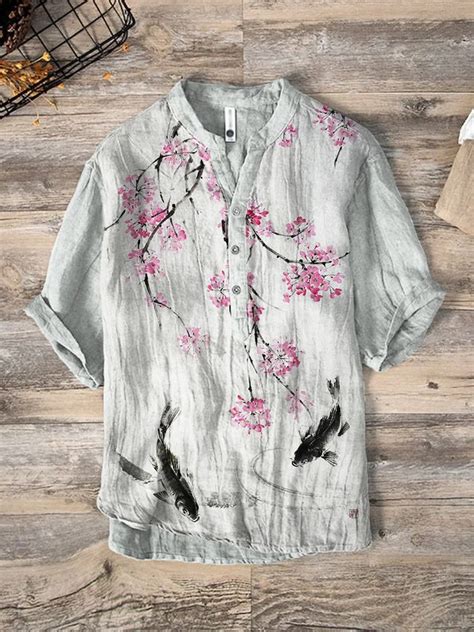 Japanese Koi Cherry Blossom Art Linen Blend Shirt