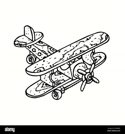 Wooden toy plane. Ink black and white doodle drawing in woodcut style Stock Photo - Alamy