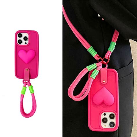 Korean Cute Hot Pink Love Heart Crossbody Lanyard Case For Iphone 15 14 13 12 11