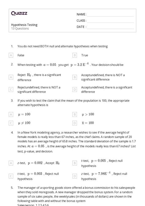 50 Hypothesis Testing Worksheets On Quizizz Free And Printable