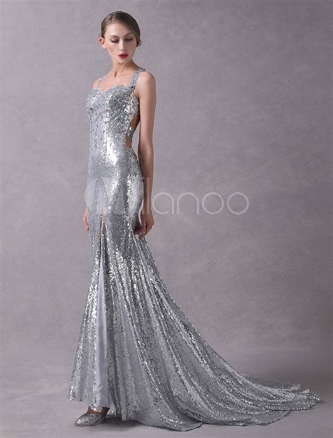 Silver Evening Dresses Sequined Beaded Glitter Sexy High Split Cross ...