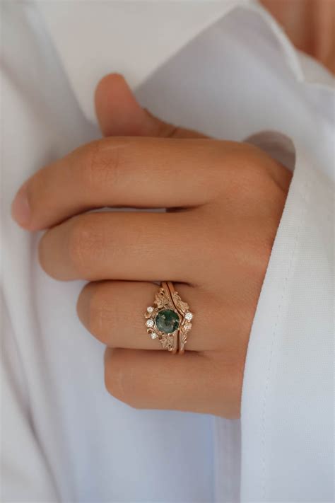 Moss agate gold ring set, diamond engagement ring set / Ariadne | Eden
