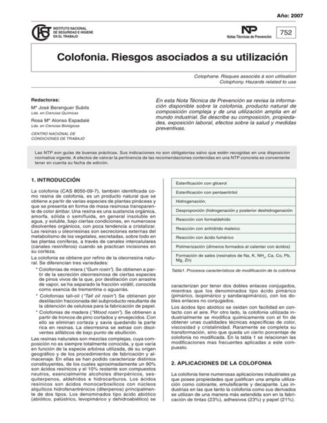 Nueva ventana NTP 752 Colofonia Riesgos asociados a su utilización