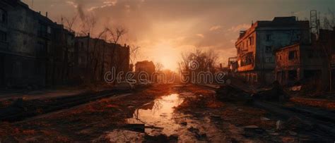 Realistic Post Apocalypse Landscape Illustration Abandoned Small City