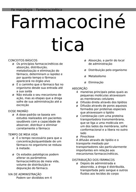 Farmacocin Tica Resumo Farmacocin Tica Conceitos B Sicos Os