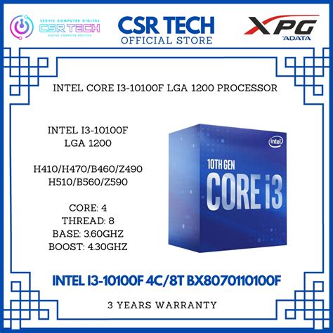 𝗜𝗡𝗧𝗘𝗟 I3 10100F 10TH GENERATION LGA 1200 SOCKET 3 60GHZ 4 30GHZ