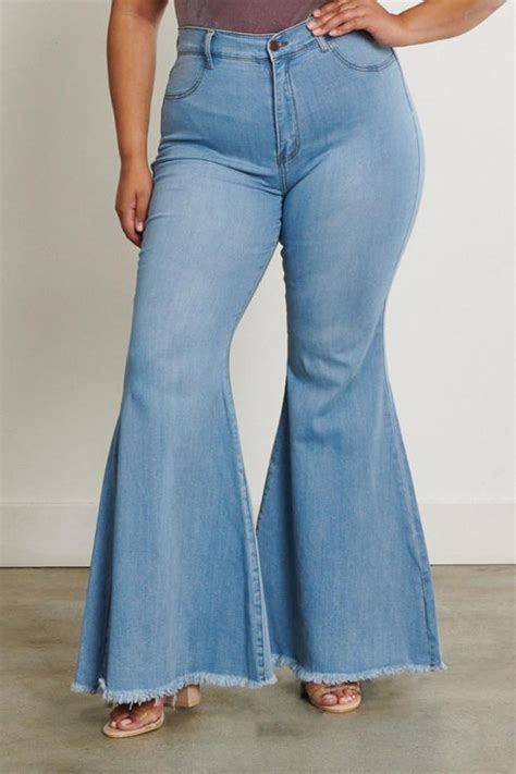 Vibrant High Waisted Plus Size Frayed Bell Bottom Jeans Light Denim