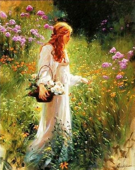 Woman In Garden Picking Flowers Beautiful Art Artist Art Painting