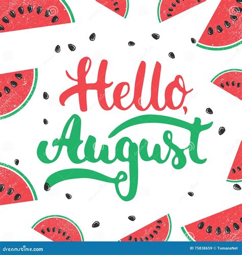 Hand Drawn Typography Lettering Phrase Hello August On The Watermelon