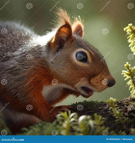 Curious Red Squirrel Peeking Behind The Tree Trunk. Cartoon Character ...