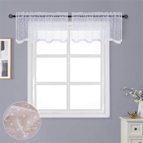 OVZME Dot White Sheer Valance 14 Inches Long 2 Pack For Kitchen