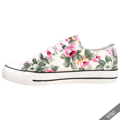 Womens Floral Canvas Low Top Trainers Flatform Shoes Sneakers Plimsolls