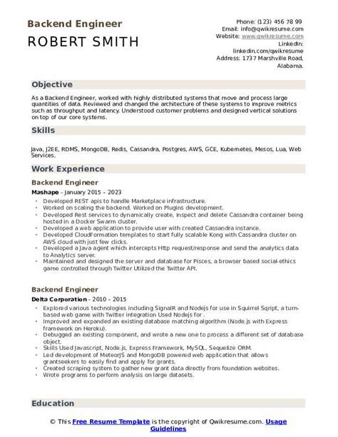 Backend Engineer Resume Samples Qwikresume