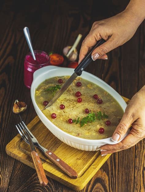 Premium Photo Woman Cutting Preparing Tasty Jelly With Meat Beef