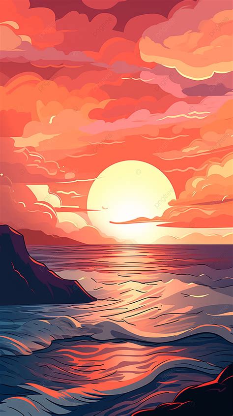 Coucher De Soleil Mer Eau Nature Paysage Dessin Anim Illustration Fond