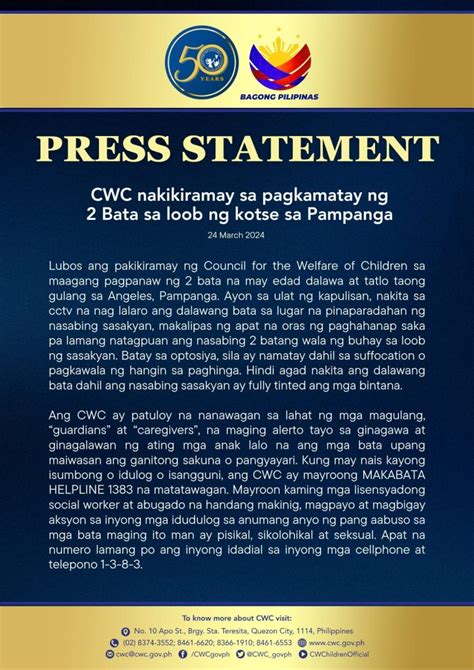 Press Statement Cwc Nakikiramay Sa Pagkamatay Ng Bata Sa Loob Ng