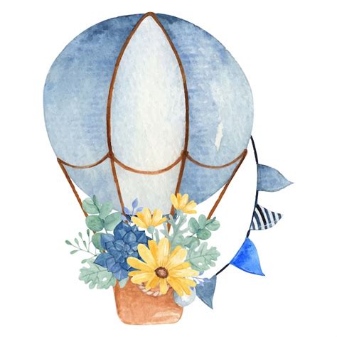 Premium Vector Hand Drawn Watercolor Hot Air Balloon And Bouquet Of