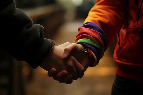 Premium Photo Happy Gay Couple Holding Hands With Pride Flag In The