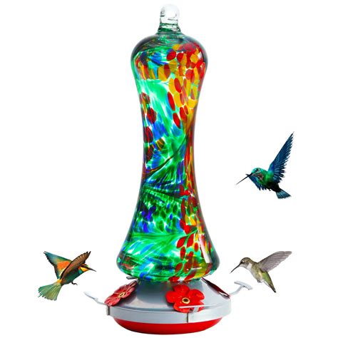 Birdkiss Hand Blown Glass Hummingbird Feeder 16 Oz For Garden Backyard Patio Decor With Ant Moat