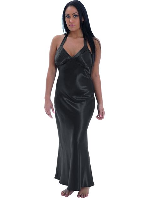 Moments Sexy Plus Size Nightgown Black Satin Charmeuse Long Halter Lingerie Gown Sizes 3x