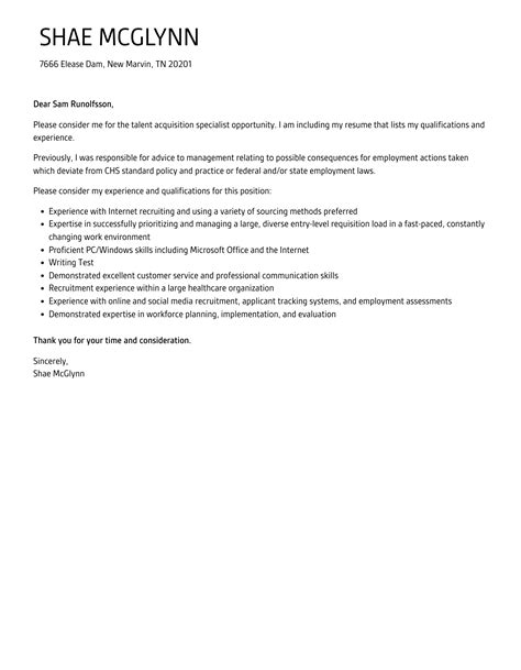 Talent Acquisition Specialist Cover Letter Velvet Jobs