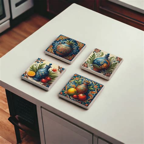 Çini Vazo Temalı Spanish Talavera Tile Doğal Taş Traverten Bardak