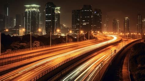 Premium AI Image | a highway with a view of the city at night