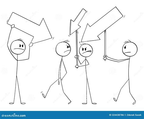 Angry Crowd or Team Holding Arrows Pointing at Another Person, Vector Cartoon Stick Figure ...