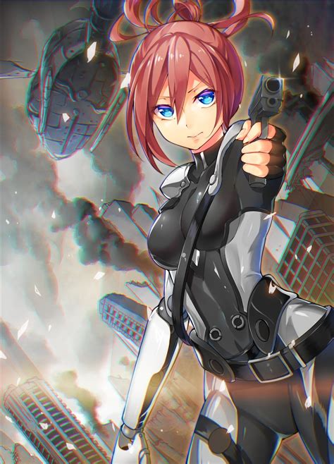 Safebooru 1girl Aiming At Viewer Belt Blue Eyes Bodysuit Broken Ground Building Closed Mouth