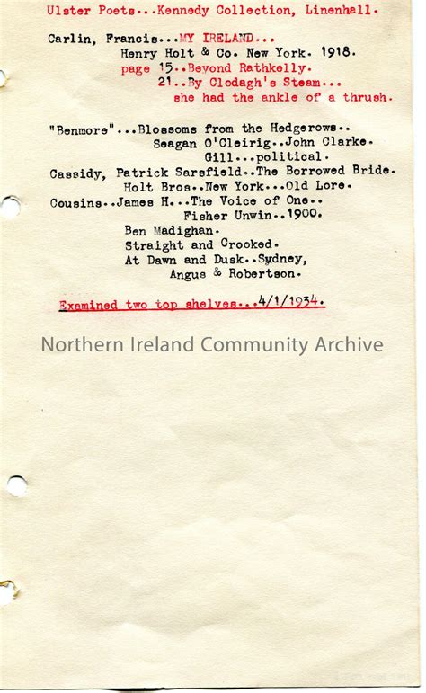 Page 3 of 3 of typed notes re Ulster poets. Lists in alphabetical order ...