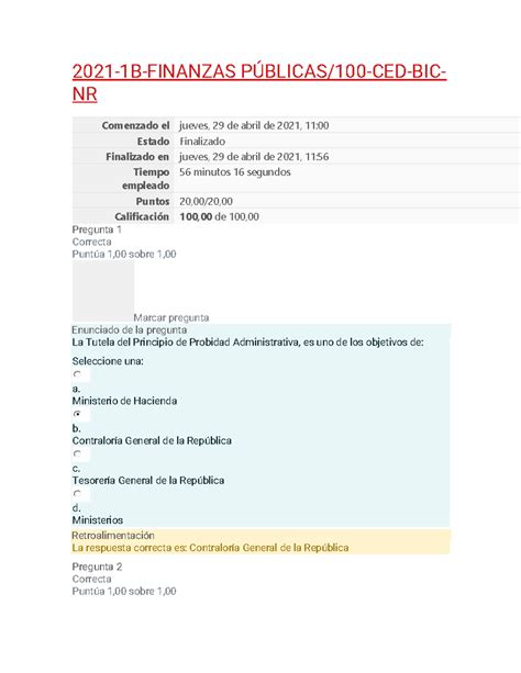 Examen Finanzas 2021 1B FINANZAS PÚBLICAS 100 CED BIC NR Comenzado