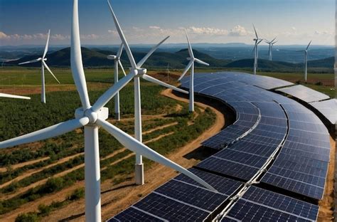 Paneles solares y turbinas eólicas en el campo Foto Premium