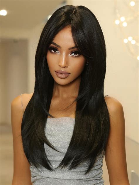 Dark Black Layered Synthetic Wigs With Bangs Long Natural Straight Hairs Wig For Daily Cosplay