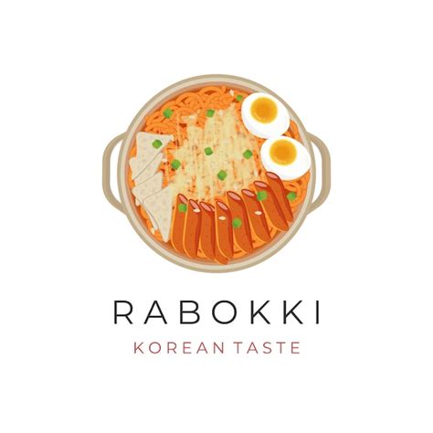 녹은 치즈가 추가 된 한국 매운 인스턴트 국수 일러스트 로고 라면 떡볶이 라볶이 프리미엄 벡터