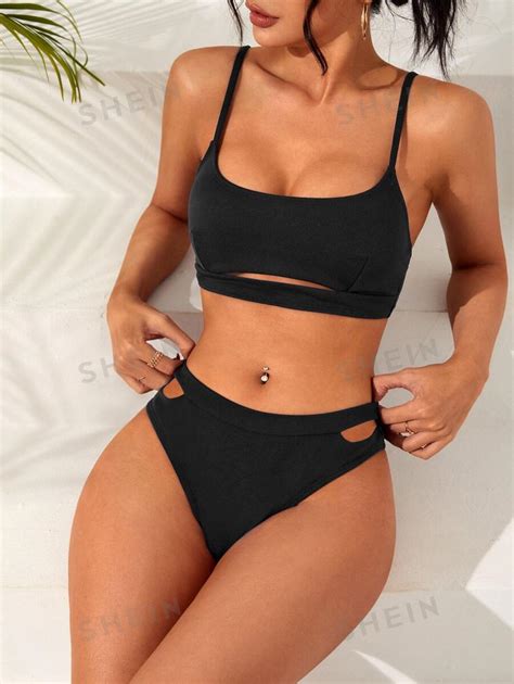 Shein Swim Conjunto De Bikini Unicolor Sujetador De Cami Recortado Y