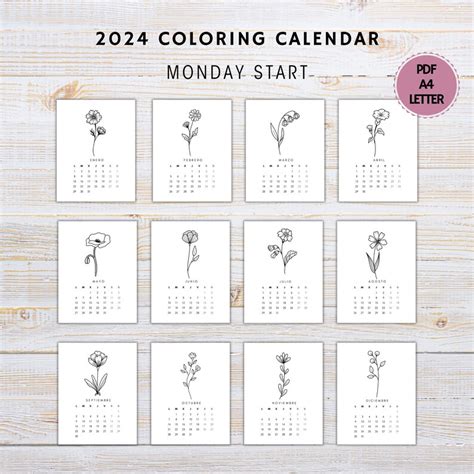 Floral Calendar 2024 Coloring Calendar 2024 Minimalist Calendar 2024