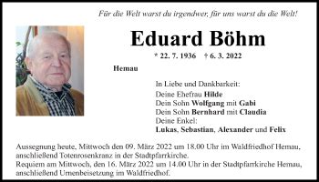 Traueranzeigen von Eduard Böhm Mittelbayerische Trauer